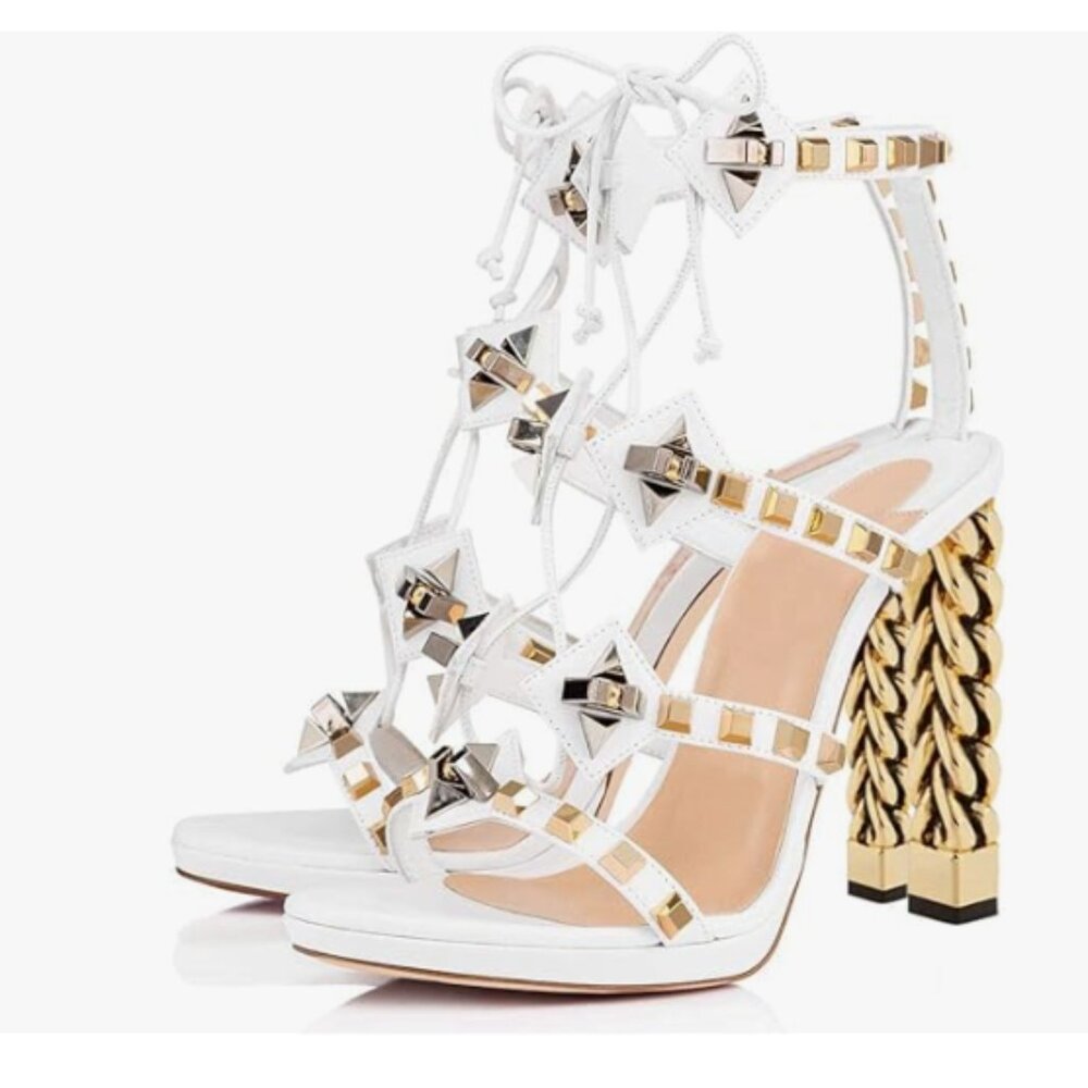 FSJ Ivory Gold Metal Chain Thick High Heel Open Toe Strappy Ankle Buckle Sandals - Picture 1 of 8